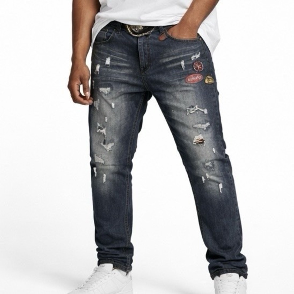 BORN FLY Distressed Patch Jeans Men Size 38 Dark Wash Streetwear Denim Hip Hop